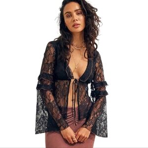 Urban Outfitters | Women's Black Janet Lace Open Front Blouse Top (Size Medium)